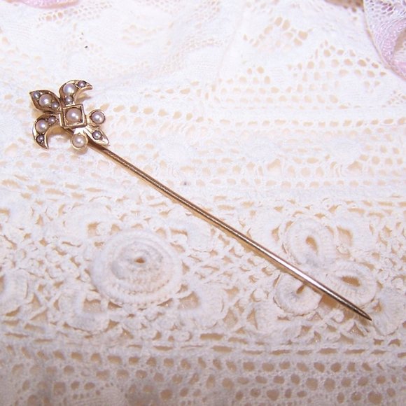 Antique Edwardian 10K Gold Natural Pearl Stick Pin - French Fleur de Lis - Picture 2 of 6